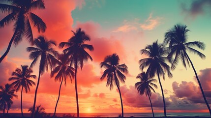 Fototapeta na wymiar A breathtaking spectacle with velvety skies embracing tall palm tree silhouettes during a tropical sunset