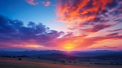A breathtaking view featuring a dramatic sunset with vivid colors over a serene hilly landscape, evoking tranquility and beauty