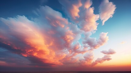 The image illustrates a vast skyline filled with clouds illuminated by the warm glow of sunset, evoking peace and wonder