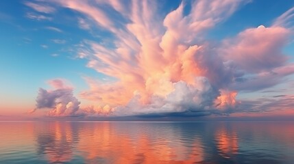 Fototapeta premium A picturesque scene featuring soft pastel-colored clouds reflecting on the tranquil ocean, symbolizing harmony and balance