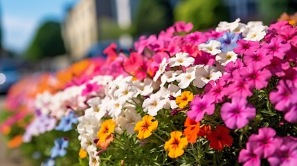 Close-up shot of vibrant multicolored petunias basking in the sunlight, adding color and life to the urban landscape