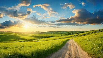 Obraz premium A tranquil sunset setting over undulating hills with a rustic dirt road, invoking a sense of calm and serenity