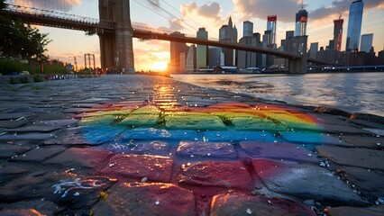 Queer Street Art Showcasing NYC Skyline, World Trade Center, and Brooklyn Bridge. Concept Queer Culture, New York City, Street Art, Landmarks, LGBTQ+ Representation - obrazy, fototapety, plakaty