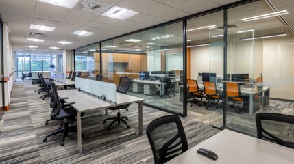 Spacious office interior with glass dividers and colorful chairs.