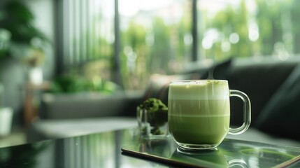prepared matcha tea in a glass mug on a modern table in a modern interior.