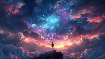 Man on cliff gazing at cosmic sky perfect for inspirational book covers. Concept Inspirational, Photography, Book Covers, Nature, Cosmos