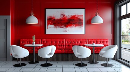 A red and white chairs in a restaurant with an art hanging above, AI