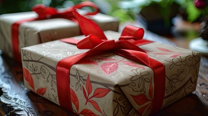 Wrap your gift in decorative craft paper adorned with a vibrant red ribbon perfect for occasions...
