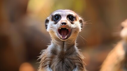 A comical meerkat on guard duty makes funny faces impossible not to laugh. Concept Wildlife Photography, Funny Animals, Meerkats, Humorous Expressions, Comedy Wildlife - obrazy, fototapety, plakaty