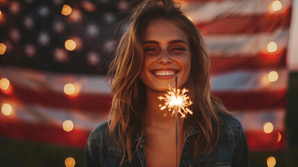 happy young woman holding a sparkler with the American flag in the backdrop