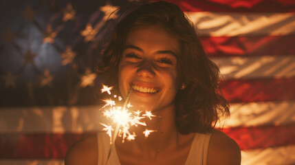 happy young woman holding a sparkler with the American flag in the backdrop