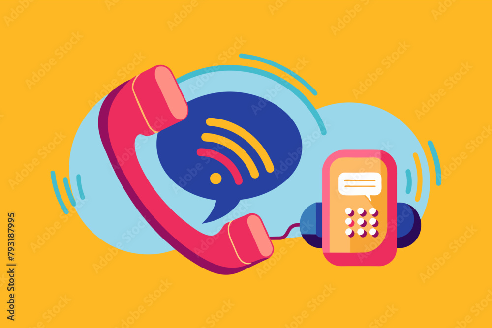 Poster a classic phone icon reimagined with a speech bubble morphing into a sound wave, symbolizing communi