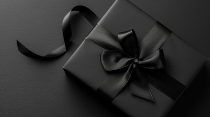 A stark black background features a single oversized abstract shape in a contrasting white. A minimalist gift box with a thin black ribbon completes the design