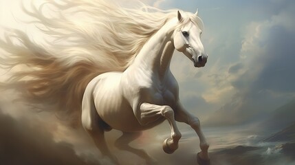 A powerful white horse gallops with strength and grace, its long mane blowing in the wind against a serene landscape