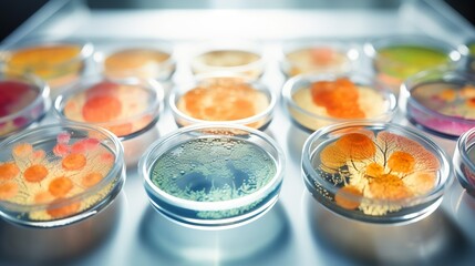 Close-up image of petri dishes arrayed with different colored bacterial cultures, symbolizing medical research