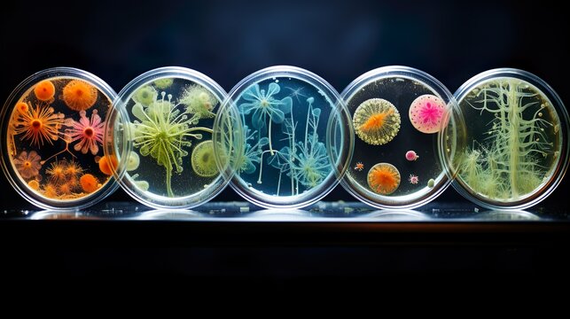 A stunning linear arrangement of well-lit petri dishes with various microorganism cultures on a dark backdrop