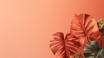 Beautiful monstera leaves with their distinct split patterns stand out against a coral colored backdrop