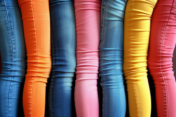 A row of colorful jeans with a blue pair in the middle