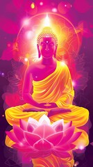 Buddha meditating on lotus position. Serene symbol of Buddhism in contemplation. Concept of enlightenment, Zen, meditation, religion, spiritual awakening, peace. Vertical. Digital art