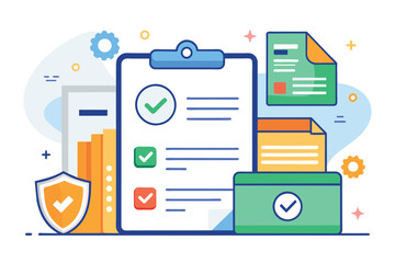 A clipboard with a checklist next to a shield, symbolizing improved document security measures, Improved document security trending, Simple and minimalist flat Vector Illustration