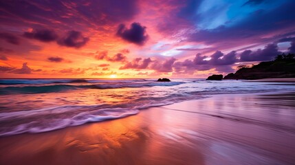 The photo depicts a surreal beach scene, where a fiery sky meets gentle waves at sunset, creating an atmosphere of awe and mystery