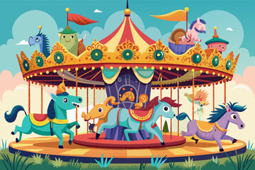 Illustration of a whimsical carousel with unicorn and pegasus figures, including a child operating the ride and brightly colored decoration details