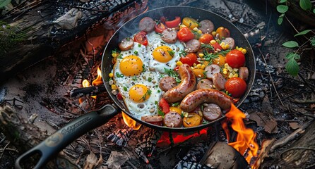 Delicious fried eggs with bacon, tomatoes and pepper in frying pan, closeup. AI generated illustration
