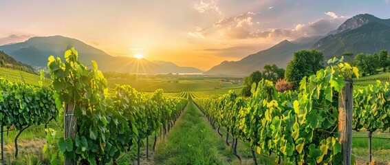 Extra wide panoramic shot of a summer vineyard shot at sunset. AI generated illustration - obrazy, fototapety, plakaty