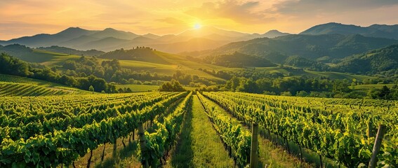 Extra wide panoramic shot of a summer vineyard shot at sunset. AI generated illustration - obrazy, fototapety, plakaty