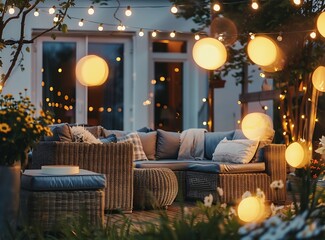 Modern outdoor terrace with rattan sofas, glowing string lights and cozy accessories at night - obrazy, fototapety, plakaty