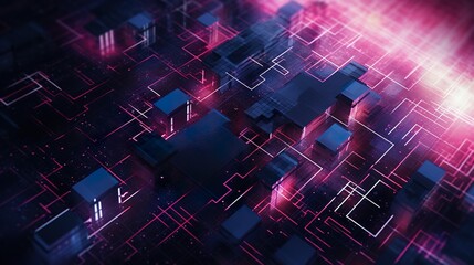 Intricate digital networks glowing with intense crimson and blue hues in a conceptual 3D rendered cityscape representing connectivity