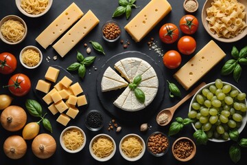 High angle view of cheese and pasta ingredients