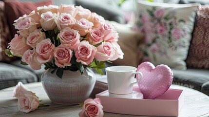 On the coffee table sits a lovely arrangement of Pink O Hara roses in a round vase alongside a heart shaped box containing a special gift and a book a perfect Valentine s Day treat