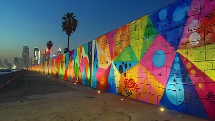 Vibrant Night Scene: Urban Graffiti Art and City Skyline Street Ambiance. Concept Night Photography, Urban Art, City Skylines, Vibrant Colors, Street Ambiance