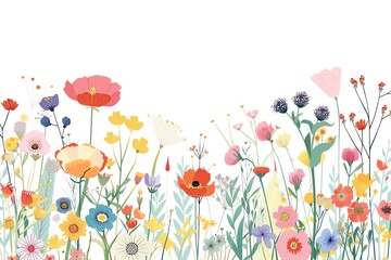 A field of colorful flowers of various heights with a white background. - obrazy, fototapety, plakaty