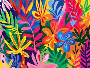 A bright and colorful painting of flowers and leaves.