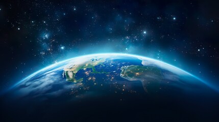 Obraz premium The image captures Earth's night side with vibrant city lights against the backdrop of the mesmerizing Milky Way