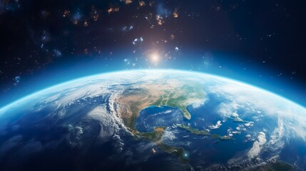 Fototapeta premium This compelling image shows a high-detail Earth with clouds, and sunlight reflecting on the ocean's surface