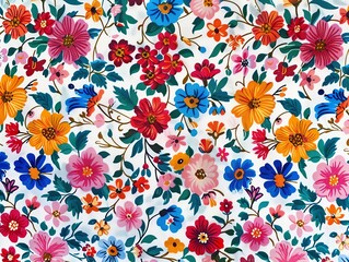 Fototapeta na wymiar A colorful floral pattern with pink, blue, yellow, and orange flowers on a white background.