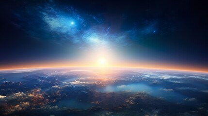 An awe-inspiring image of the sun rising behind Earth, illuminating the continents and oceans,...