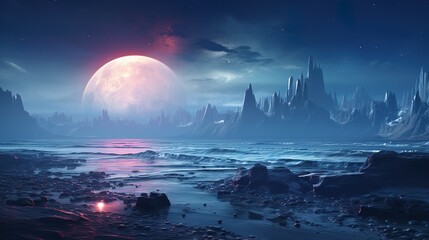 A breathtaking extraterrestrial landscape under a colossal moon and a sky filled with stars and nebulae