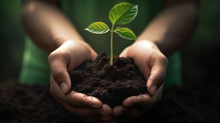 Hands gently hold a sprouting plant, symbolizing growth, care, and environmental awareness