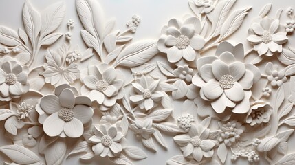 Intricate white floral bas-relief with 3D flowers on an elegant backdrop