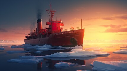 A red icebreaker ship cutting through the Arctic ice against a soft icy blue sky