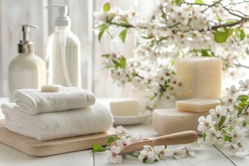 Spa bathroom scene with toiletries, soap, towel on soft white background for serene ambiance
