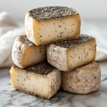 Peppered Cheese Wheels in a stack