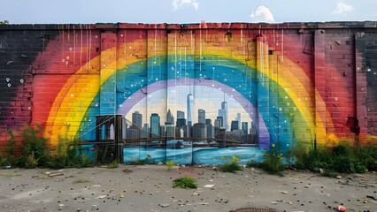 LGBT graffiti street art featuring NYC skyline World Trade Center Brooklyn Bridge. Concept Street Art, LGBT, NYC Skyline, World Trade Center, Brooklyn Bridge - obrazy, fototapety, plakaty
