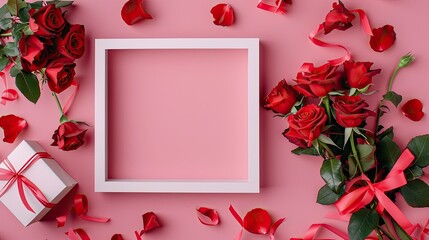 Design concept featuring a bird s eye view of a stunning arrangement of red roses a white wooden frame a gift box tied with a ribbon all set against a soft pink backdrop perfect for Mother 