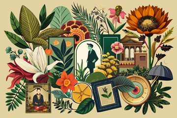 A collage template showcasing a vintage botanical theme - obrazy, fototapety, plakaty