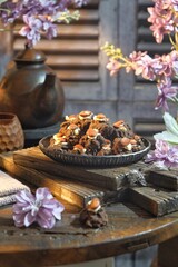 Fototapeta premium Homemade of chocolate almond cookies on a plate over dark background. 